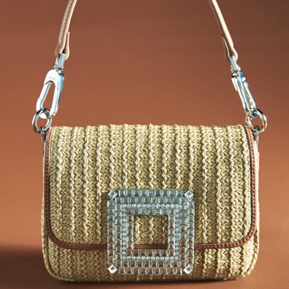 Anthropologie Straw Woven Shoulder Bag with Crystal Buckle - Beige and Tan